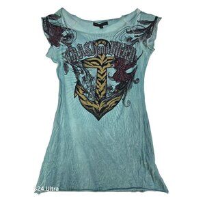 Crash & Burn Women's Graphic Tee Blue Sequins Glitter Anchor Semi Sheer Small